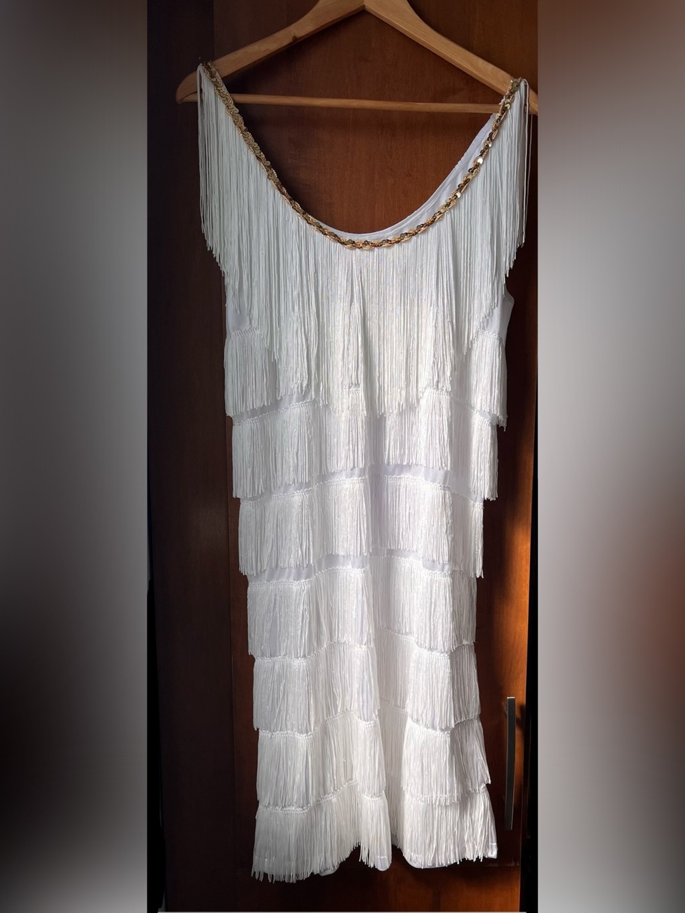 NWOT Halloween Flapper Dress Size Large with White Tiered Fringe and Gold Trim
